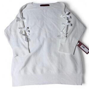 Love Scarlett Bow Sleeve Sweater Tunic – White Ribbed Knit Top (NWT, Size PL)